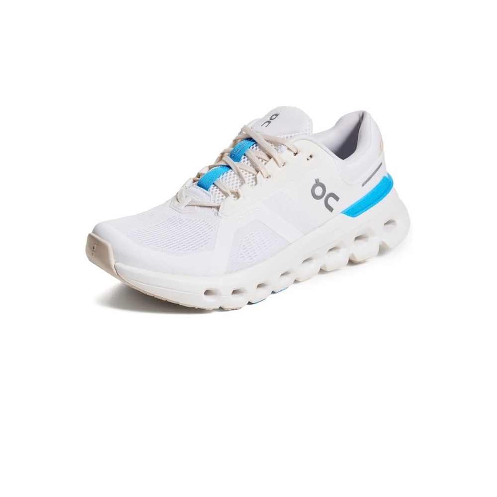 On Running White and Blue Athletic Shoes